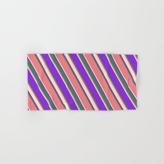 Purple, Sea Green, Light Coral, and Bisque Colored Lined/Striped Pattern Hand & Bath Towel