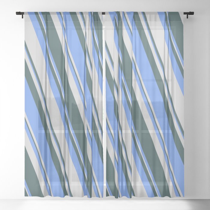 Cornflower Blue, Light Grey & Dark Slate Gray Colored Lines/Stripes Pattern Sheer Curtain