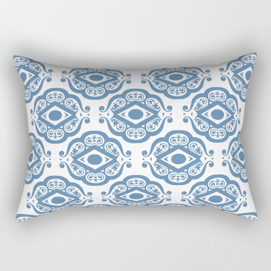 Blue White Ornate Shapes Pattern Rectangular Pillow