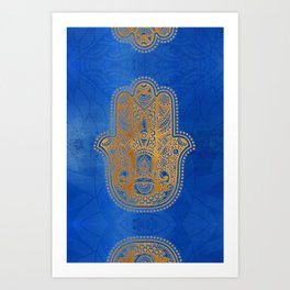 Elegance Hamsa Hand Metallic Gold Royal Blue Art Print