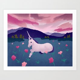 Unicorn Resting at Dusk Art Print