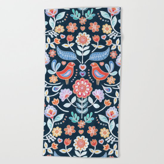 Happy Folk Summer Floral on Navy Beach Towel