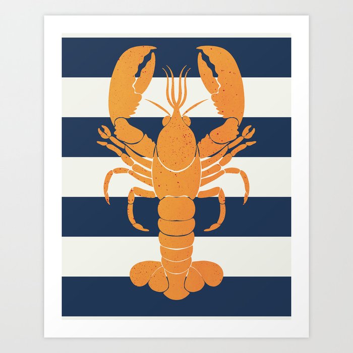 Yellow lobster and navy stripes Art Print