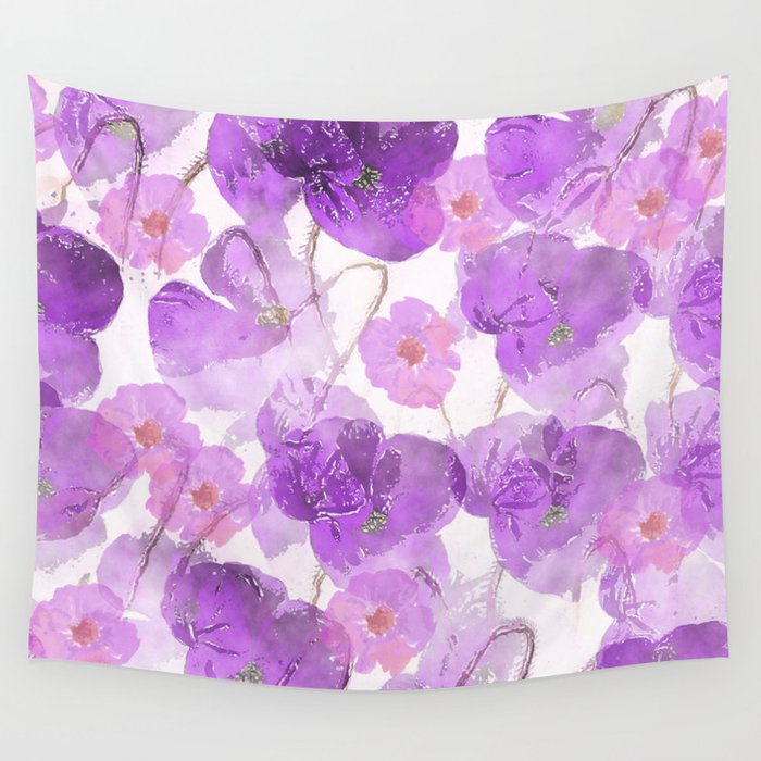 Abstract Lilac Violet Purple Watercolor Paint Poppies Wall Tapestry