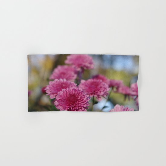 Rosy Chrysanthemum with gold leaves, blue sky Hand & Bath Towel