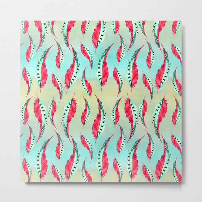 Modern pink turquoise trendy watercolor feathers pattern Metal Print