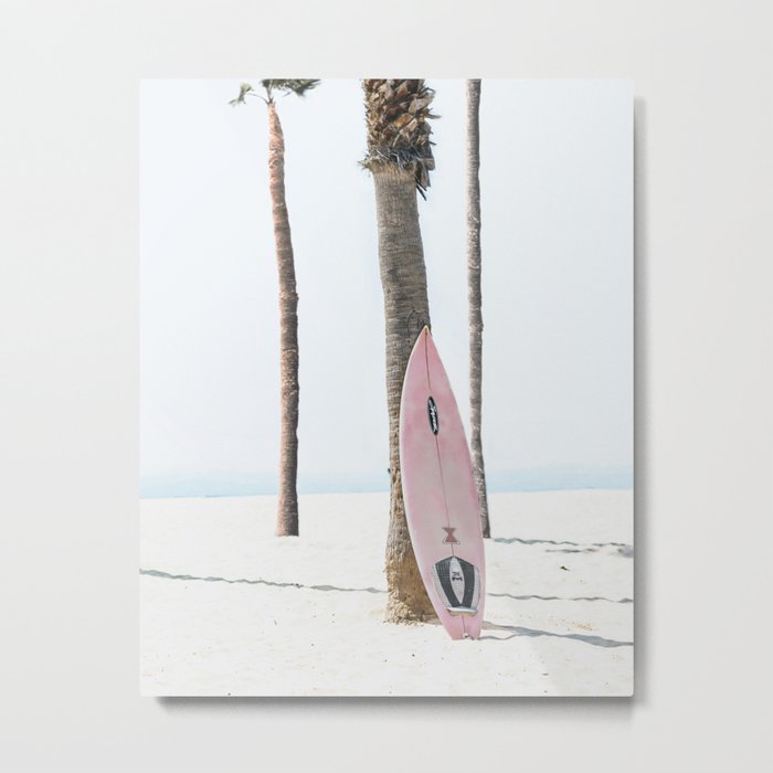 Pastel Pink Surfboard at Beach Metal Print