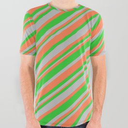 [ Thumbnail: Coral, Lime Green, and Grey Colored Striped Pattern All Over Graphic Tee ]
