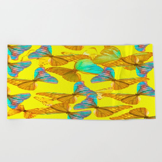Butterflies - turquoise wings - yellow background #Society6 #buyart Beach Towel