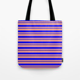 [ Thumbnail: Light Salmon & Blue Colored Lined/Striped Pattern Tote Bag ]