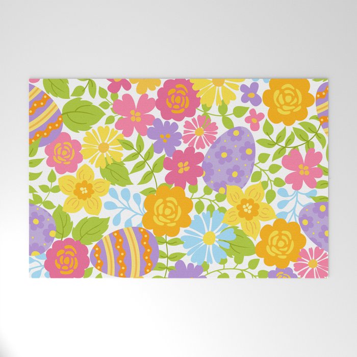 Watercolor Colorful Easter Eggs Flowers Pattern Flower Seamless Welcome Mat