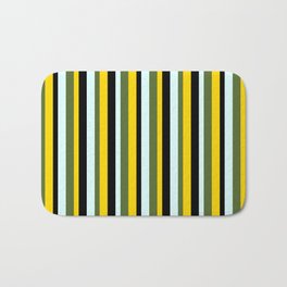 [ Thumbnail: Light Cyan, Dark Olive Green, Yellow, and Black Colored Striped/Lined Pattern Bath Mat ]