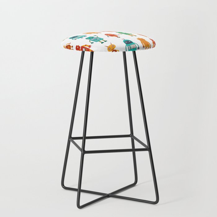 Seamless pattern from colorful retro robots in a flat style on a white background. Vintage illustration.  Bar Stool