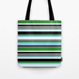 [ Thumbnail: Gray, Forest Green, Light Sky Blue, Mint Cream & Black Colored Lines/Stripes Pattern Tote Bag ]