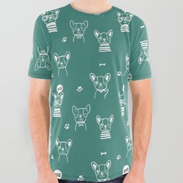 Green Blue and White Hand Drawn Dog Puppy Pattern All Over Graphic Tee