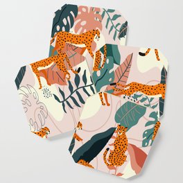 Hand drawn exotic big cat cheetahs, stretching, running, sitting and walking, abstract tropic leaves Coaster