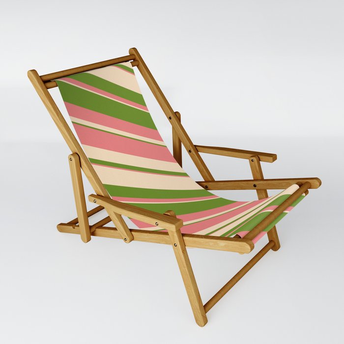 Bisque, Green, and Light Coral Colored Striped/Lined Pattern Sling Chair