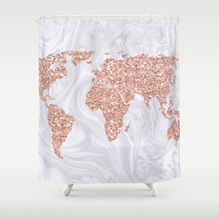 Map On White Marble Shower Curtain, Gold Map Shower Curtain