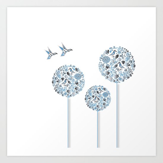 Blue Trees With Birds Art Print