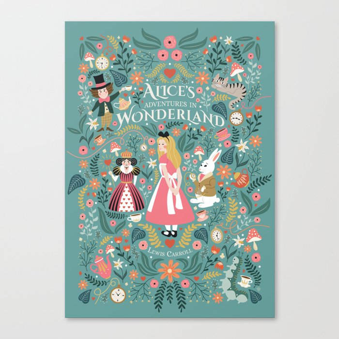 Alice in Wonderland - Pink Canvas Print | Graphic-design, Alice, Wonderland, Tea, Illustration, Digital, Pattern, Queen-of-heart, Mad-hatter, Cat