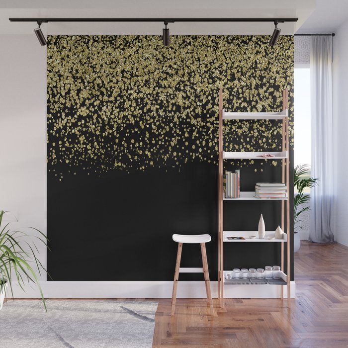 Sparkling gold glitter confetti on black background- Luxury pattern Wall Mural