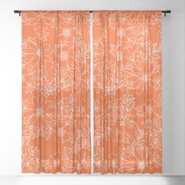 Hand drawn white bright orange modern floral Sheer Curtain