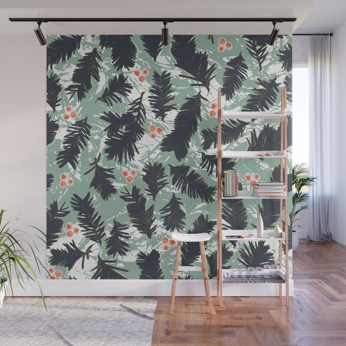 Forever Green Winter Floral Pattern Wall Mural