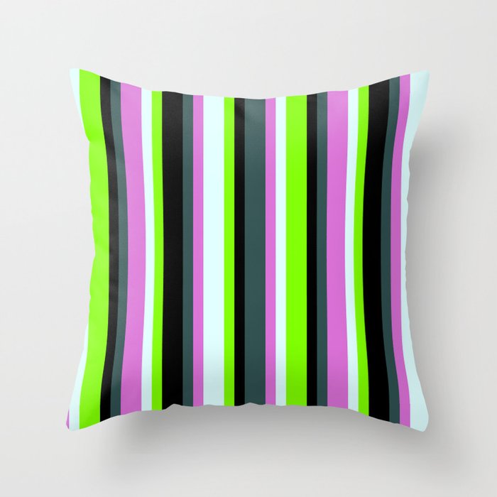 Dark Slate Gray, Orchid, Light Cyan, Chartreuse & Black Colored Lines/Stripes Pattern Throw Pillow