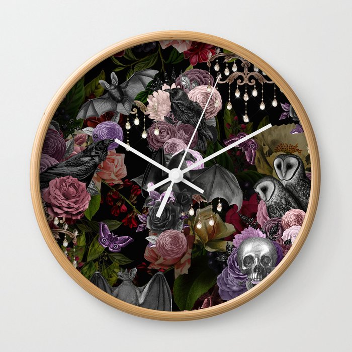 Vintage Floral Gothic and Bat Halloween Wall Clock