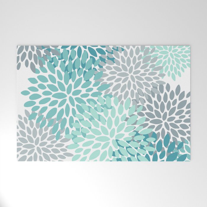 Floral Pattern, Aqua, Teal, Turquoise and Gray Welcome Mat