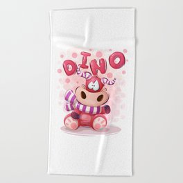 Cute Funny Cartoon Dino Character Pink Animal Illustration Beach Towel