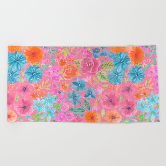 Floral watercolor pattern in pink Beach Towel