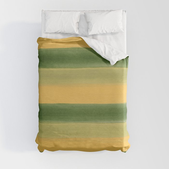 Green and Yellow Gouache Stripes Painted Pattern Duvet Cover
