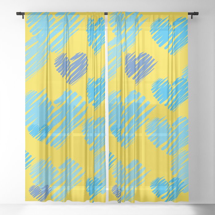 Hearts in Bunches, Cerulean Blue on Yellow Sheer Curtain