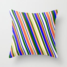 [ Thumbnail: Vibrant Blue, Tan, Dark Green, Red, and White Colored Stripes/Lines Pattern Throw Pillow ]