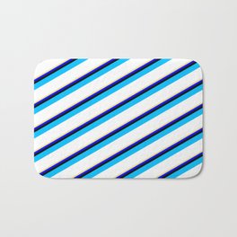 [ Thumbnail: Vibrant Tan, Blue, Black, Deep Sky Blue, and White Colored Striped/Lined Pattern Bath Mat ]