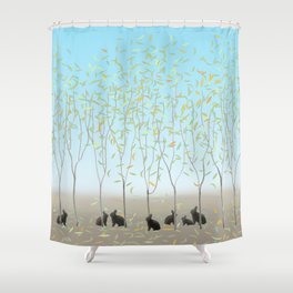Morning Falling Leaves and Bunnies Shower Curtain
