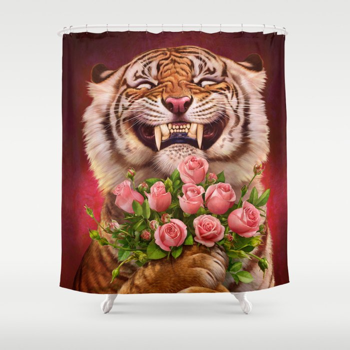 Smiling (shy) Tiger - holding bouquet (rose) Shower Curtain