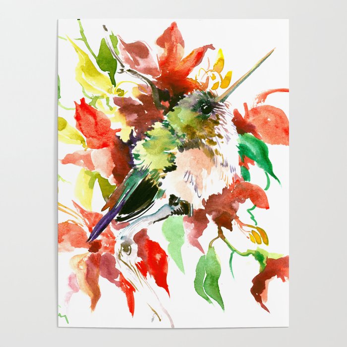 Hummingbird and Red Flowers, bird floral decor Poster