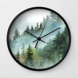 Watercolor Pine Forest Mountains in the Fog Wall Clock | Woods, Watercolor, Journey, Redwoods, Mist, Landscape, Olympic, Painting, Smokey, Misty 