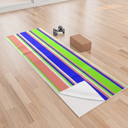 [ Thumbnail: Blue, Green, White, and Salmon Colored Lined Pattern Yoga Towel ]