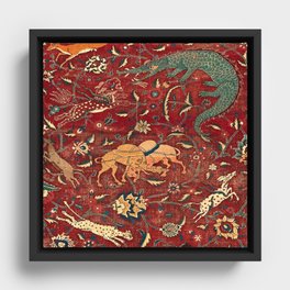 Antique Persian Rug Design with Animals Framed Canvas