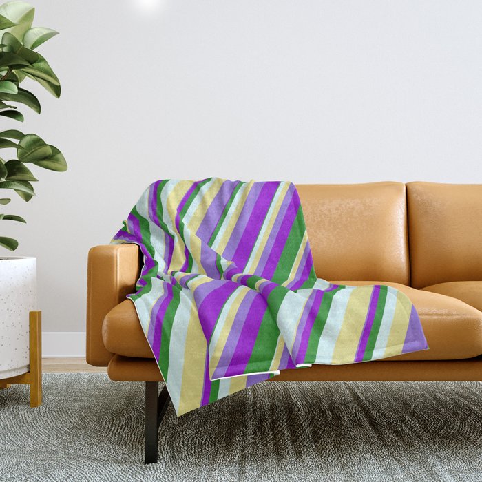 Vibrant Tan, Purple, Dark Violet, Forest Green & Light Cyan Colored Stripes Pattern Throw Blanket