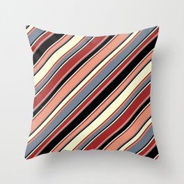 [ Thumbnail: Vibrant Dark Salmon, Slate Gray, Black, Light Yellow, and Brown Colored Lines/Stripes Pattern Throw Pillow ]