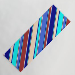 [ Thumbnail: Eye-catching Brown, Bisque, Royal Blue, Dark Blue & Cyan Colored Lined/Striped Pattern Yoga Mat ]