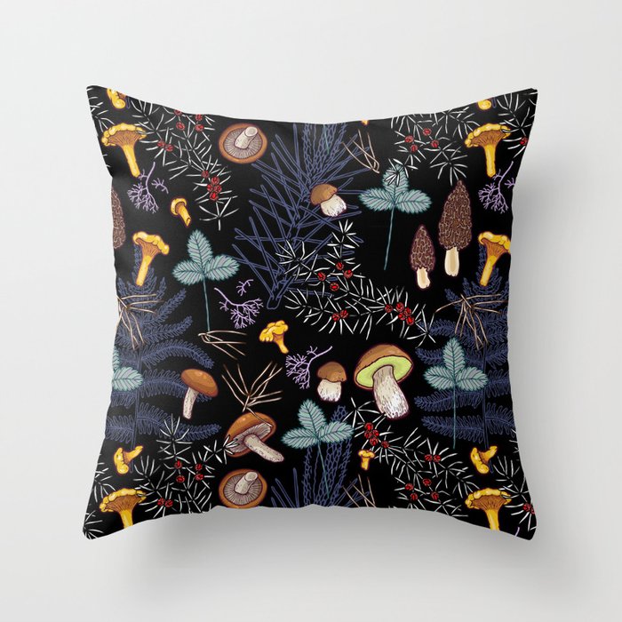 dark wild forest mushrooms Throw Pillow