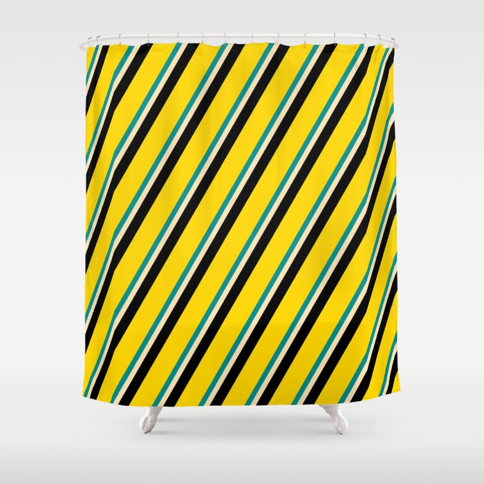 Dark Cyan, Beige, Black & Yellow Colored Stripes/Lines Pattern Shower Curtain