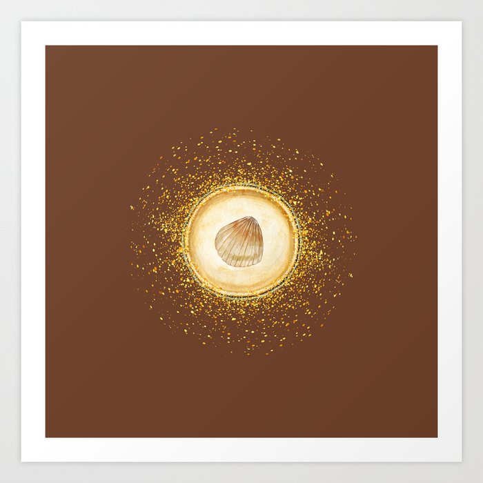 Watercolor Seashell Gold Circle Pendant on Brown Art Print
