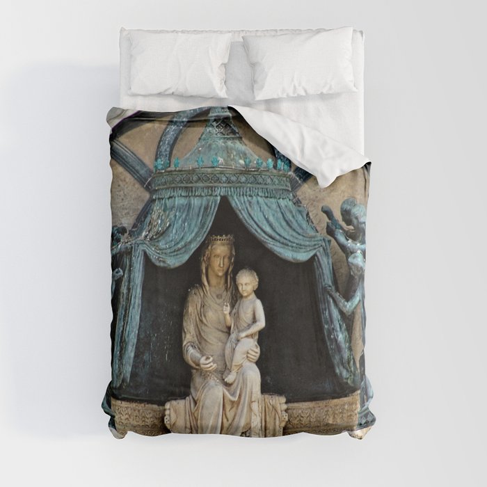 Orvieto Cathedral Madonna and Child Angels Facade Sculpture Closeup Duvet Cover