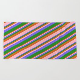 [ Thumbnail: Chocolate, Light Pink, Medium Slate Blue, and Forest Green Colored Stripes/Lines Pattern Beach Towel ]